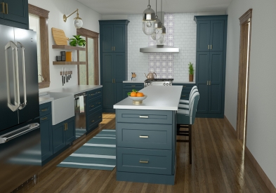 Funky farmhouse style kitchen in CliqStudios Fairfield Indigo blue kitchen cabinets