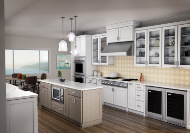 Beautiful chef's kitchen in CliqStudios Adrian Maple White Icing and Sea Grass kitchen cabinets