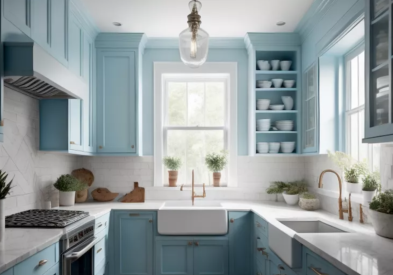 C2's Thermal 2024 color of the year. Bright sky blue kitchen cabinets with white countertops.