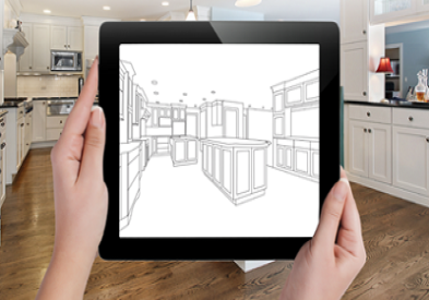 hands holding tablet with screen showing line drawing of kitchen design, overlaid on kitchen photo