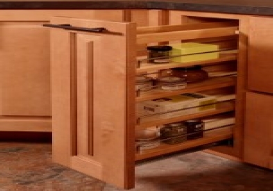 Pull Out spice rack with wire rails on shelves in maple cabinets