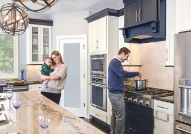 Shaker cabinet style in painted White finish paired with Shaker in black finish.