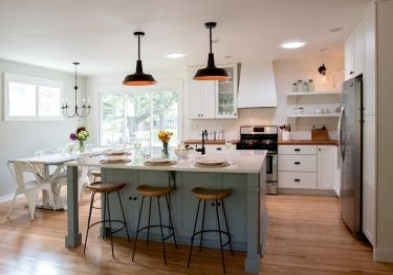 White and blue-gray modern farmhouse kitchen design