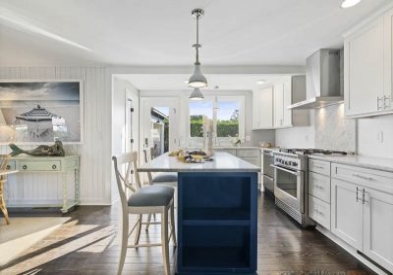 Coastal White Kitchen with Blue Island