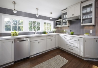 pale gray cabinets in kitchen in remodeled historic guest house