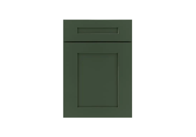 Shaker door style with 5-piece drawer front in a rich forest green paint