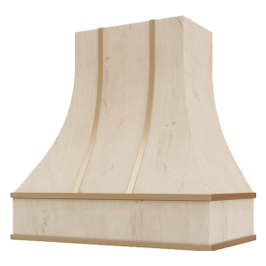 Curved range hood with raw brass strapping