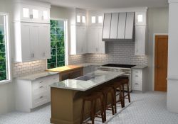 a cliqstudios 3d rendering of a kitchen with shaker white cabinets green kitchen island with seating and glass doors