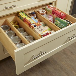 Cream shaker drawer base cabinet with multi-storage dividers inside