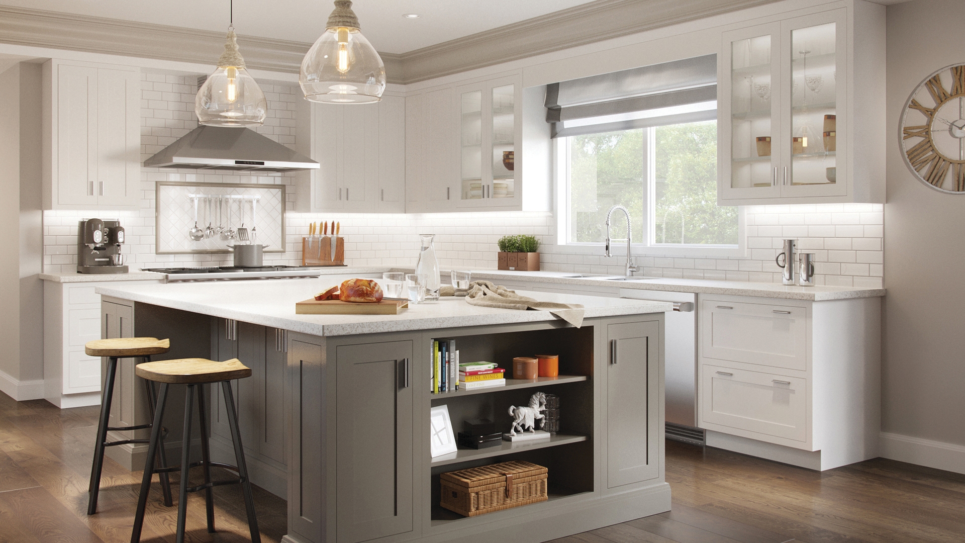 White shaker L-shaped kitchen cabinets with dark gray island and open book shelf storage