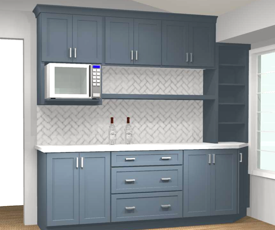 Blue shaker kitchen cabinets with a microwave shelf and open bookcase end