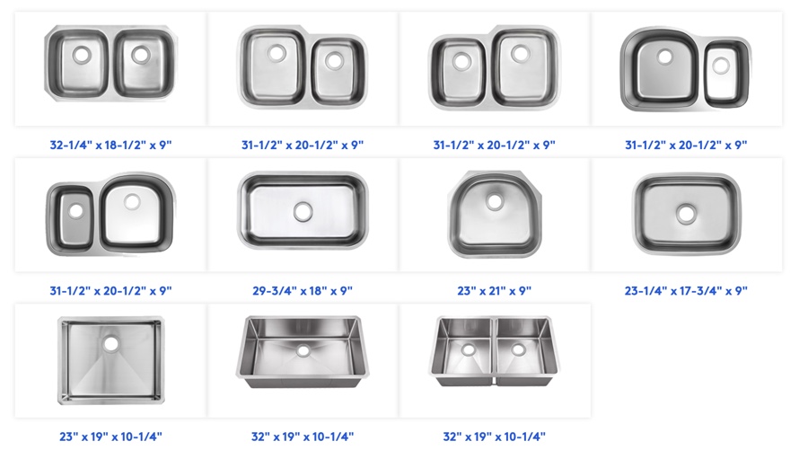 Stainless steel kitchen sinks in double-bowl and single-bowl configurations