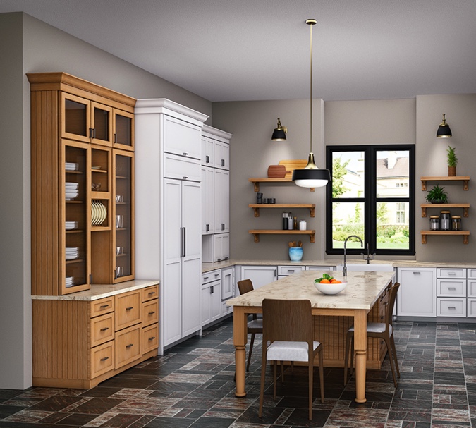 Light brown and white shaker kitchen cabinets with furniture-style island