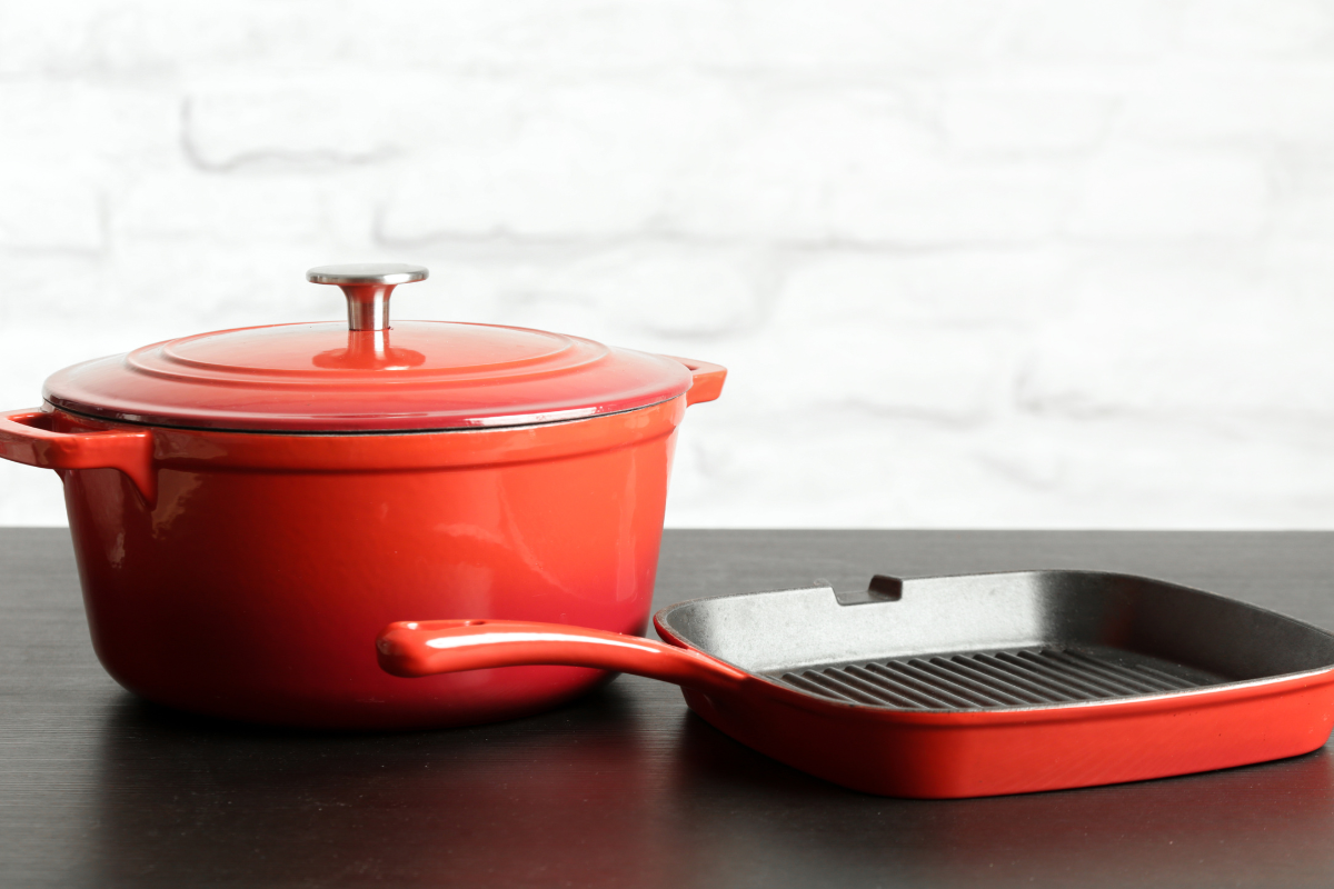 Colorful cast iron Dutch oven and griddle