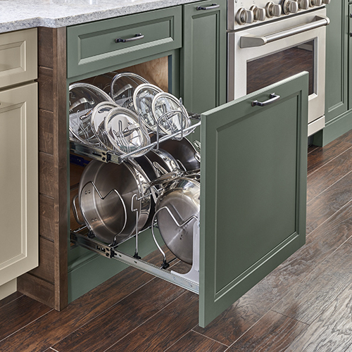 Tiered pull-out pots and pans organizer kitchen cabinet