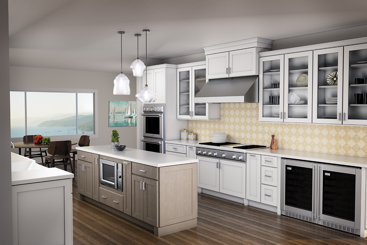 CliqStudios project: Large white shaker chef's kitchen with stainless appliances, glass cabinet doors, and rustic wood island