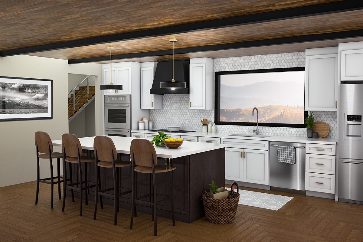 CliqStudios project: One-wall white shaker kitchen with dark espresso stained island with dark accents and gold hardware