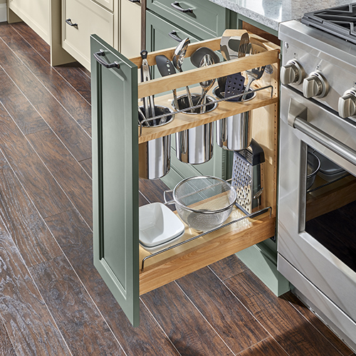 Green shaker pull-out canister base kitchen cabinet