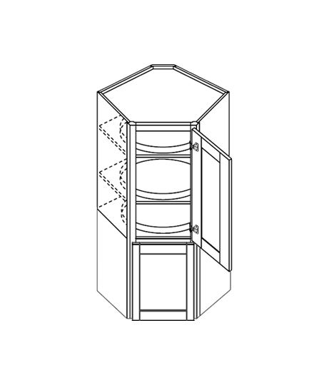 White shaker kitchen wall cabinet with spinning lazy susan and garage door at the bottom