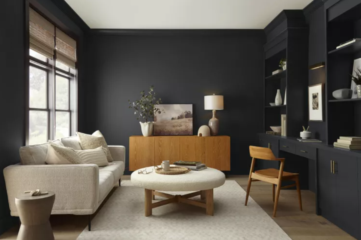 Soft black wall paint covering all four walls with cream and wood tone furniture