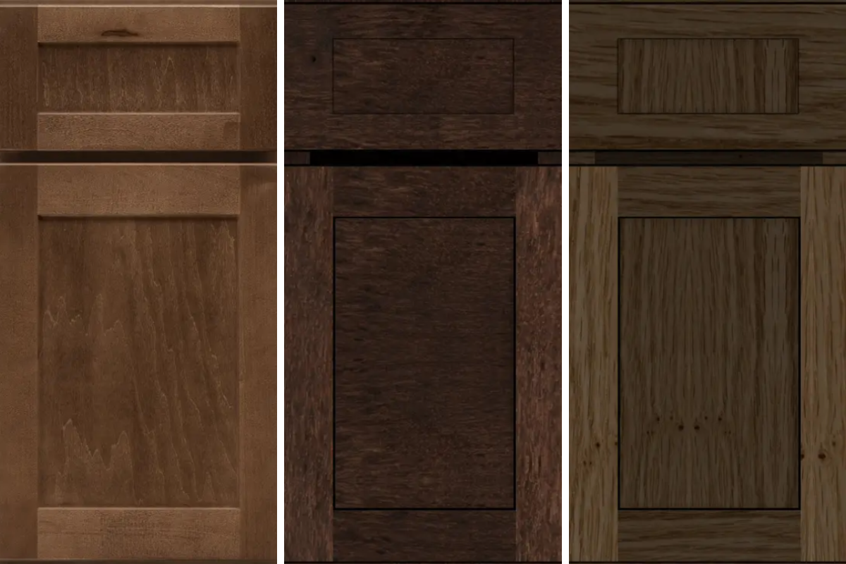 Three shaker door styles with five-piece drawer fronts in warm brown stain