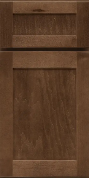 Maple shaker door style with matching 5-piece drawer front in warm chocolate-brown stain