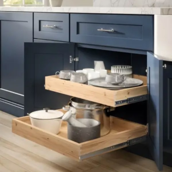 Blue shaker roll-out tray base cabinet