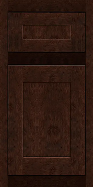 Cherry inset door style with matching 5-piece drawer front in warm chocolate-brown stain