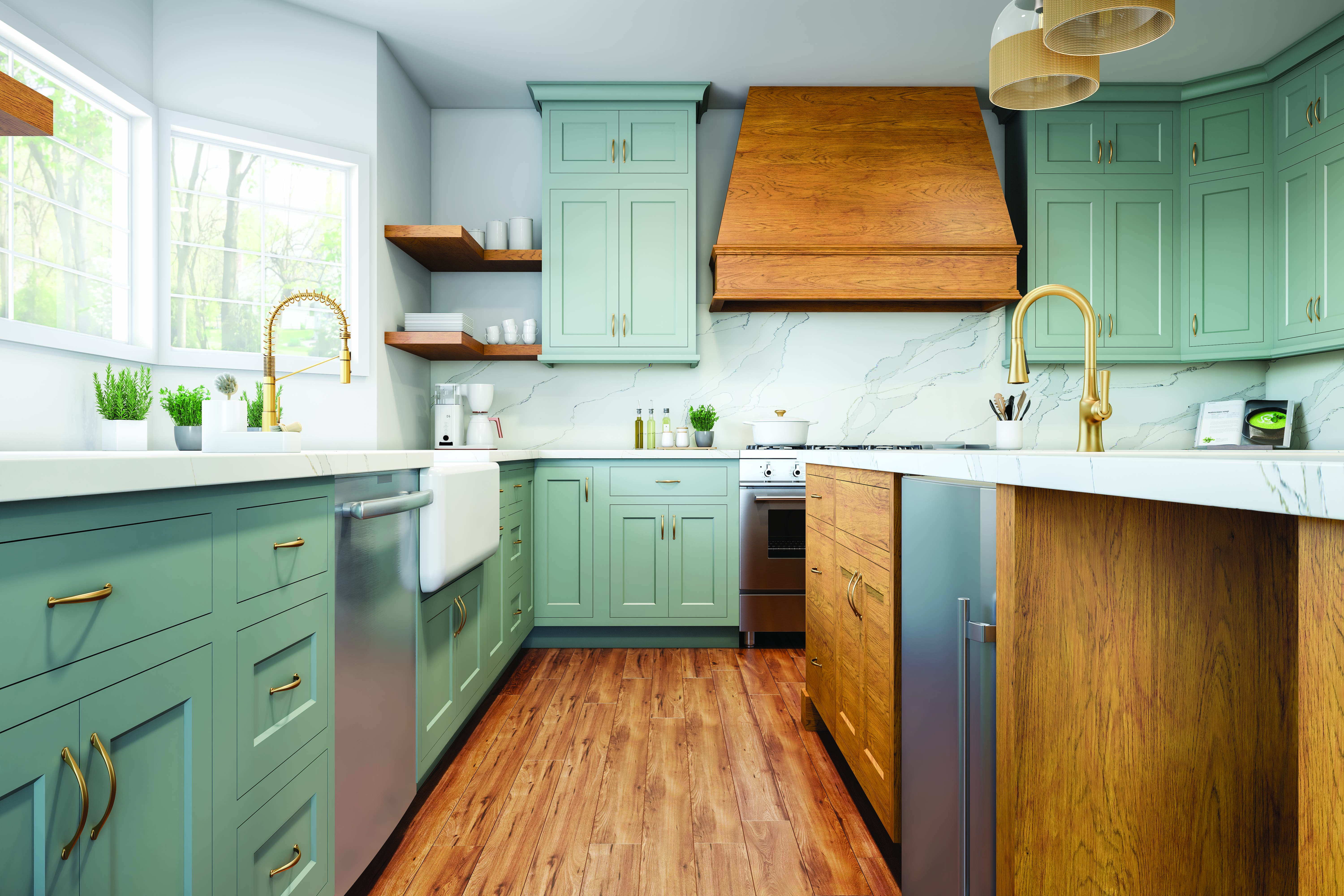 CliqStudios project: Bright and colorful coastal kitchen with light blue inset stacked cabinets and a large, warm cherry island and wood kitchen hood