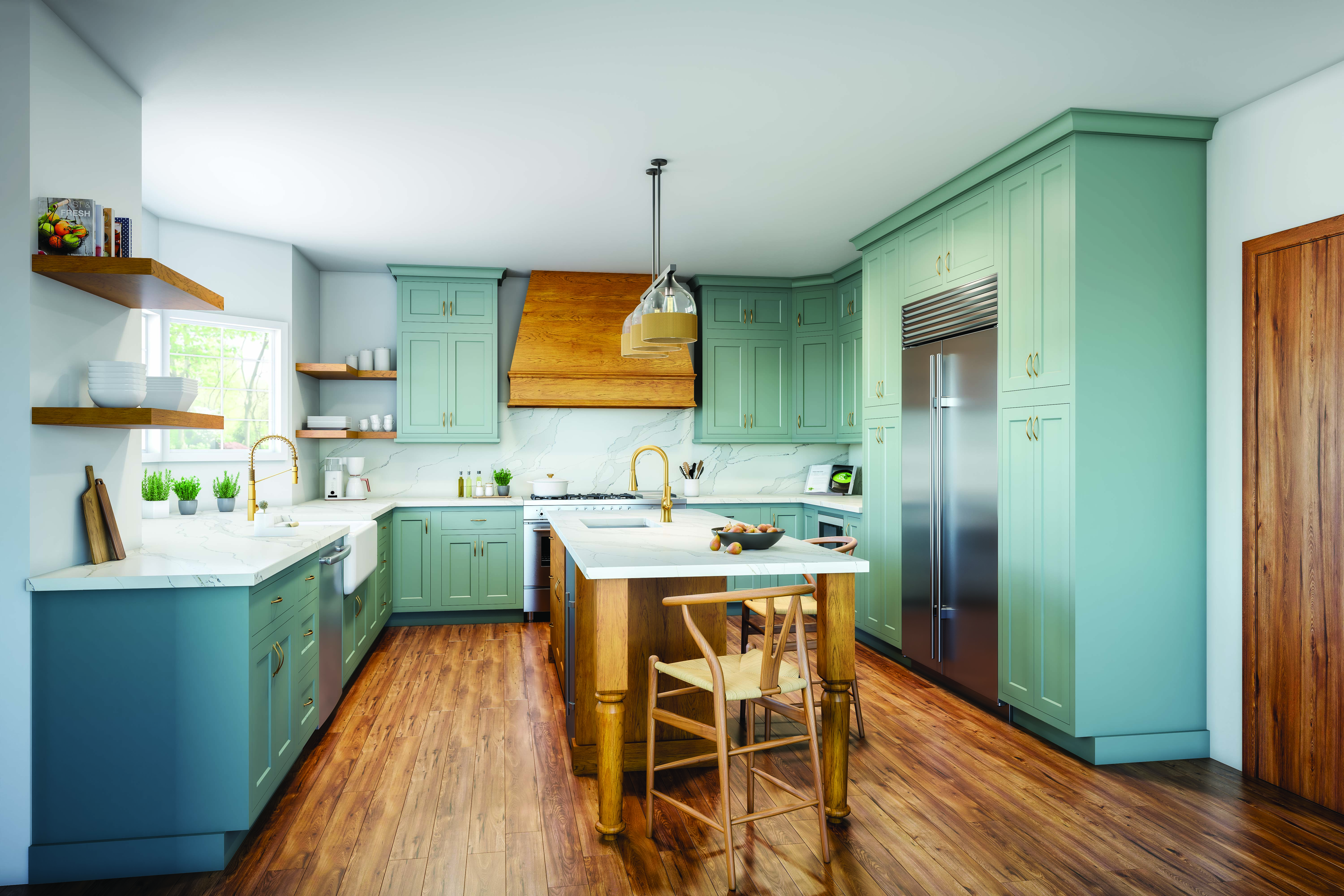 CliqStudios project: Bright and colorful coastal kitchen with light blue inset stacked cabinets and a large, warm cherry island and wood kitchen hood