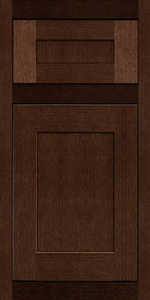 Maple inset door style with matching 5-piece drawer front in warm chocolate-brown stain