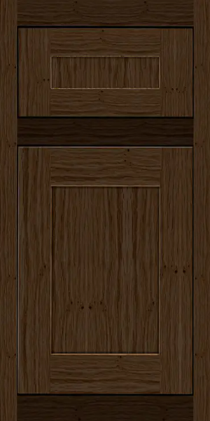 Oak inset door style with matching 5-piece drawer front in warm chocolate-brown stain