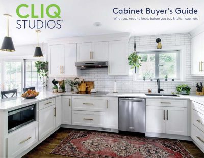 CliqStudios cabinet buyer's guide cover with white u-shaped kitchen