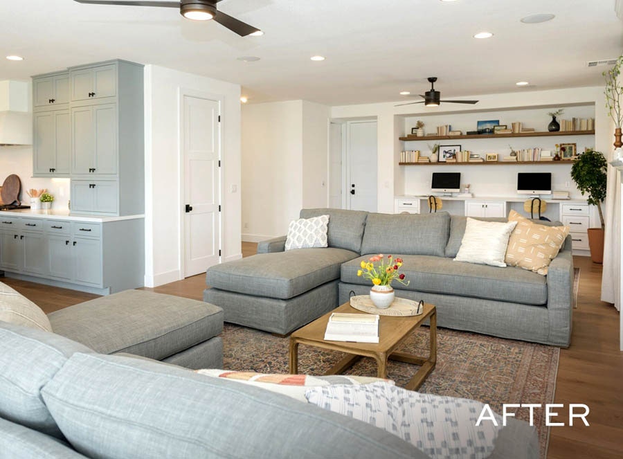 Cabinetry used to create desk space in Property Brothers project.