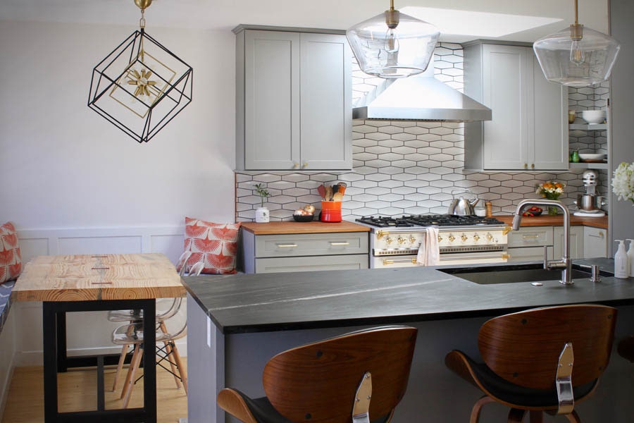 kitchen using soapstone and butcher block countertops