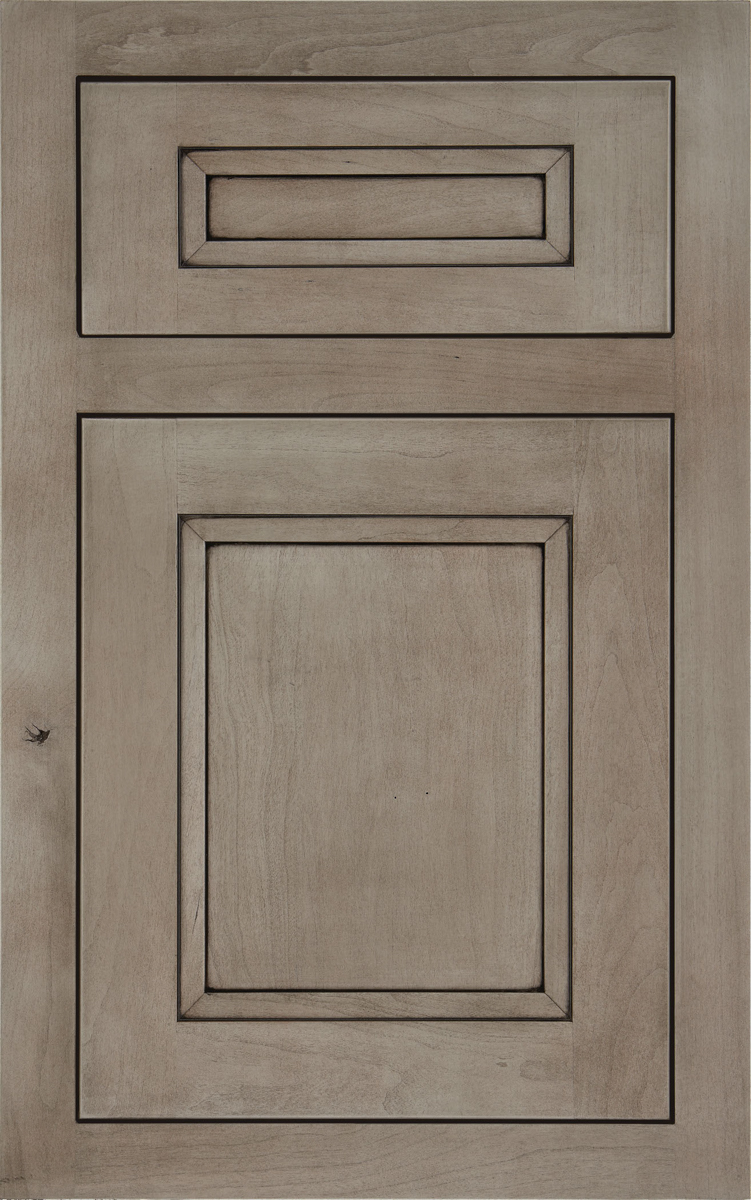 Fitzgerald inset Shaker cabinet shown in modern gray stain called Peppercorn