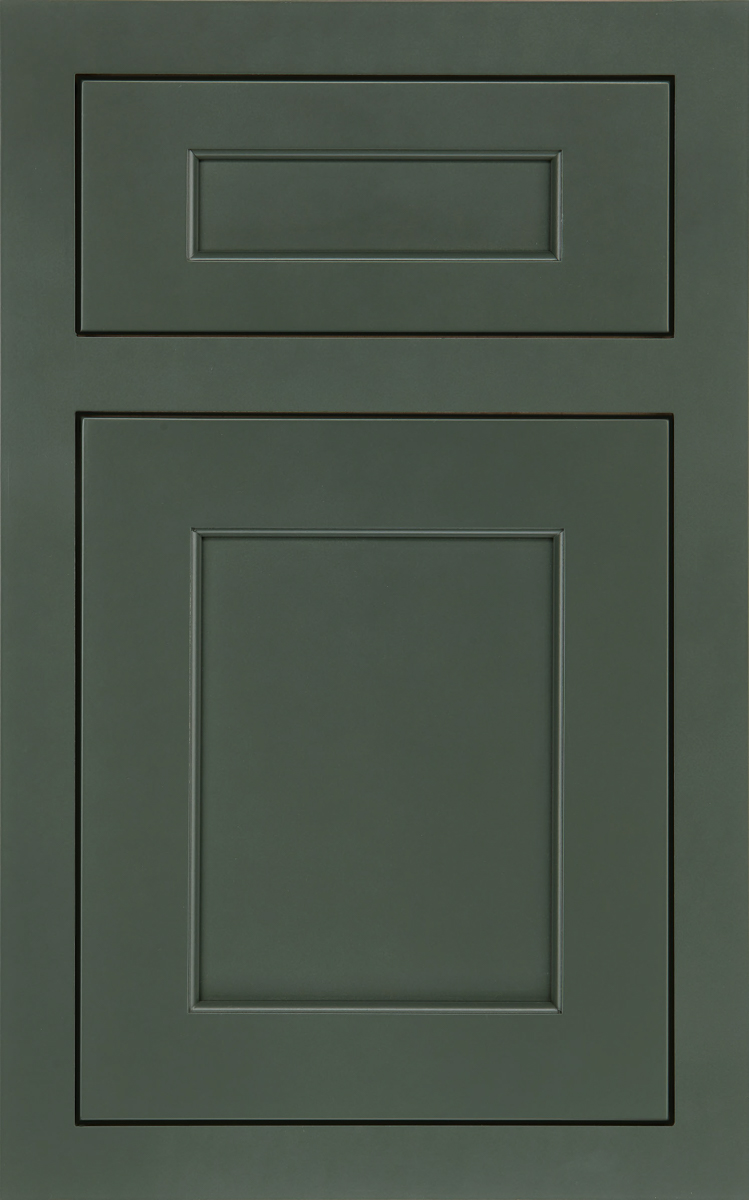 Forest-green inset shaker door style with matching five-piece drawer front