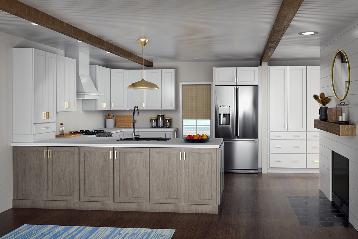 CliqStudios project: Modern and minimalist farmhouse style kitchen with white shaker kitchen cabinets, rustic wood stained peninsula and gold hardware