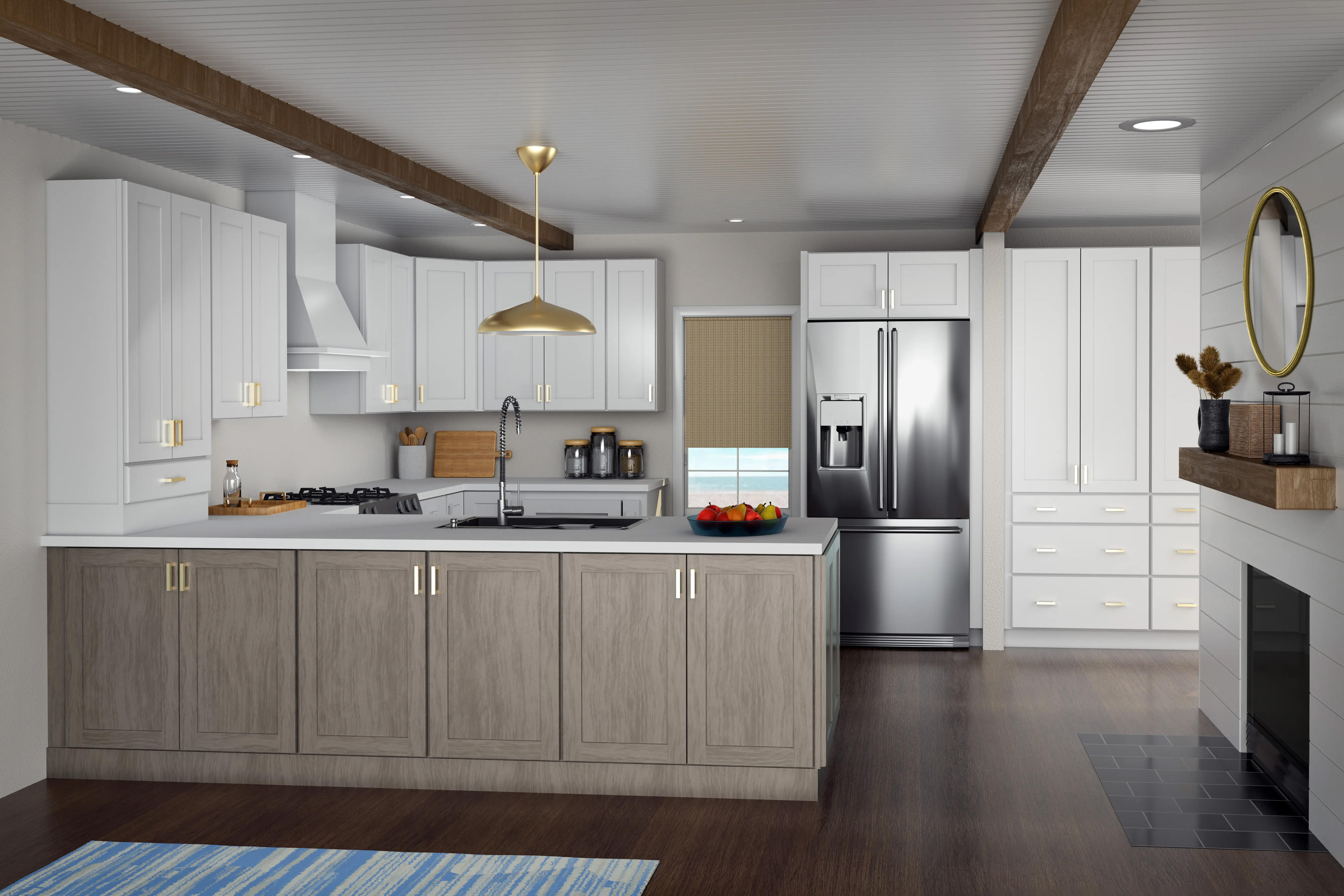 White shaker U-shaped kitchen design with a light gray wood stained peninsula and gold pendant lighting