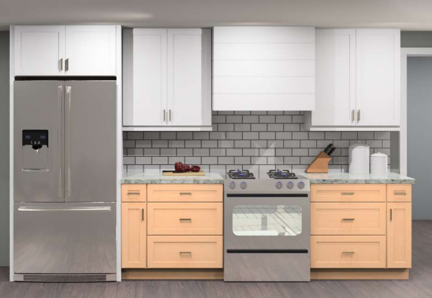 CliqStudios design packet rendering of a range wall with white wall cabinets and natural base cabinets with a shiplap wood hood