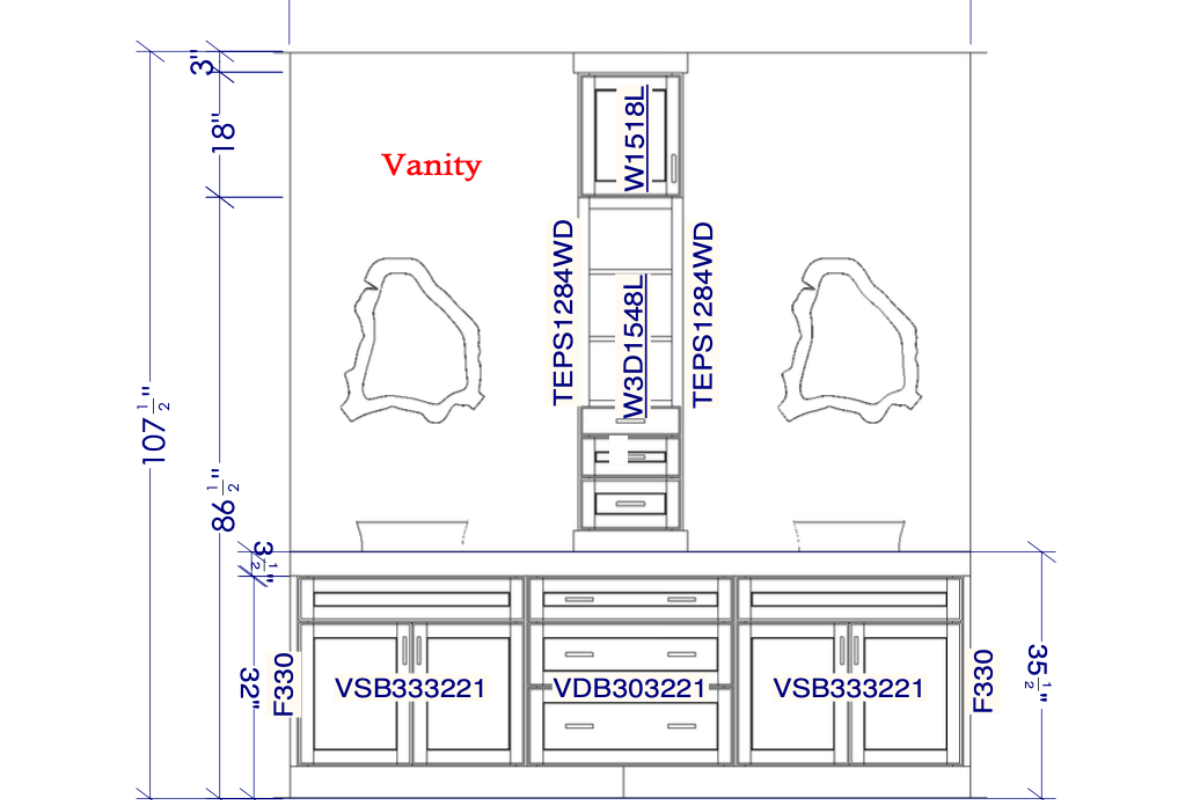 CliqStudios Design Packet Elevation of a shaker vanity cabinet design with stacked wall cabinets