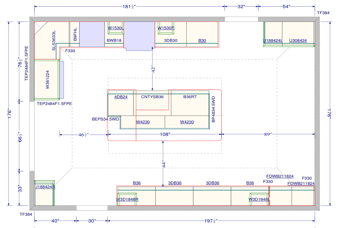 CliqStudios design packet floor plan- top down view with room measurements and cabinet nomenclature