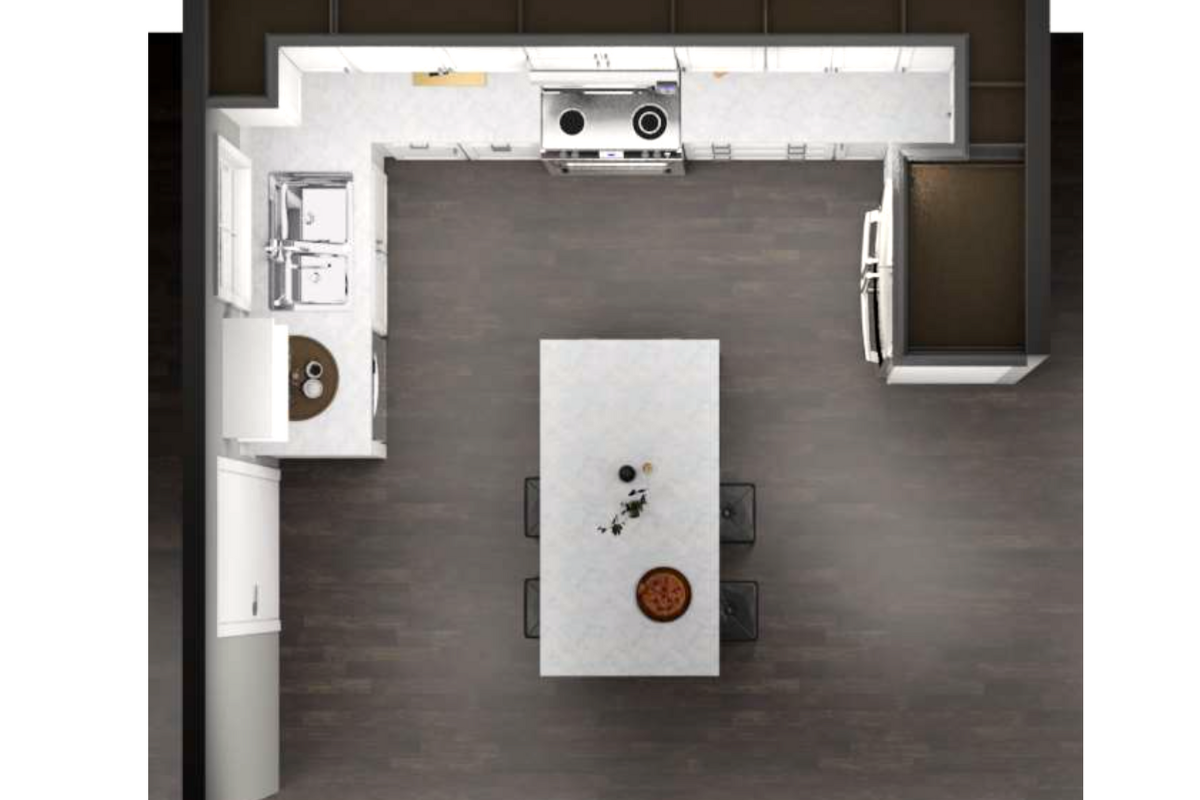 CliqStudios design packet rendering- floor plan view of L-shaped white shaker kitchen with an indigo blue island and white countertops