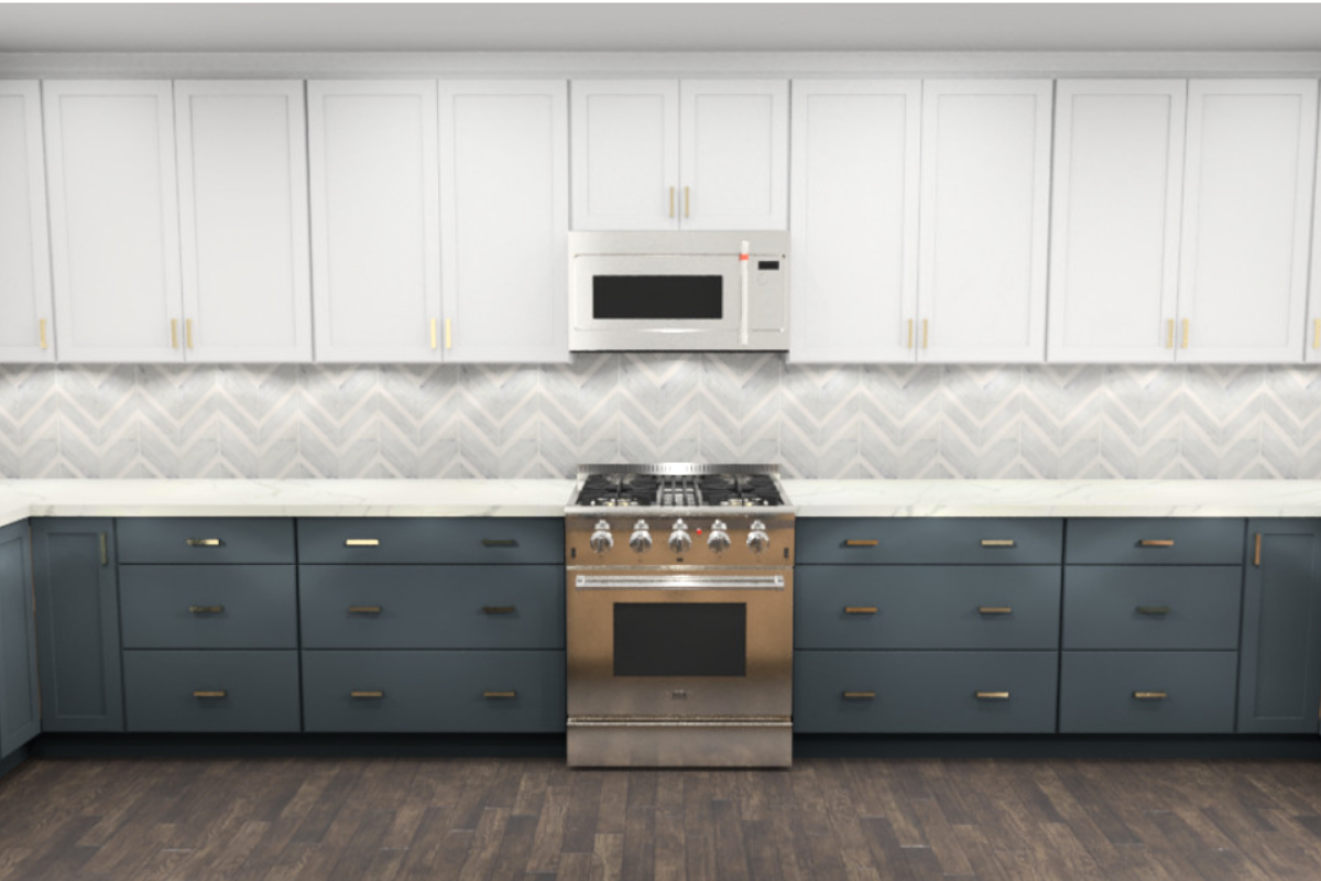 White and navy shaker kitchen design with wood-toned island in Farmhouse style