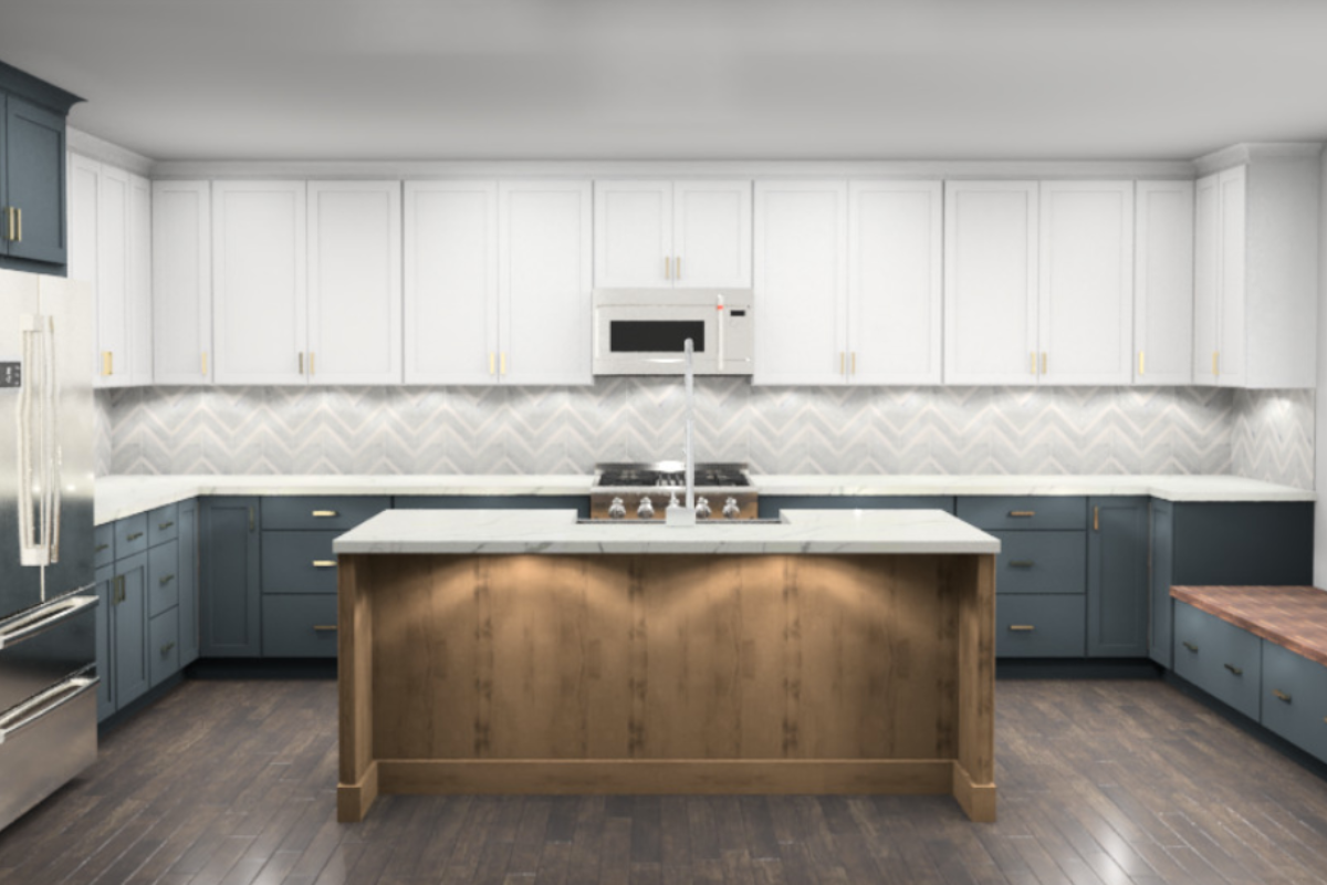 White and navy shaker kitchen design with wood-toned island in Farmhouse style
