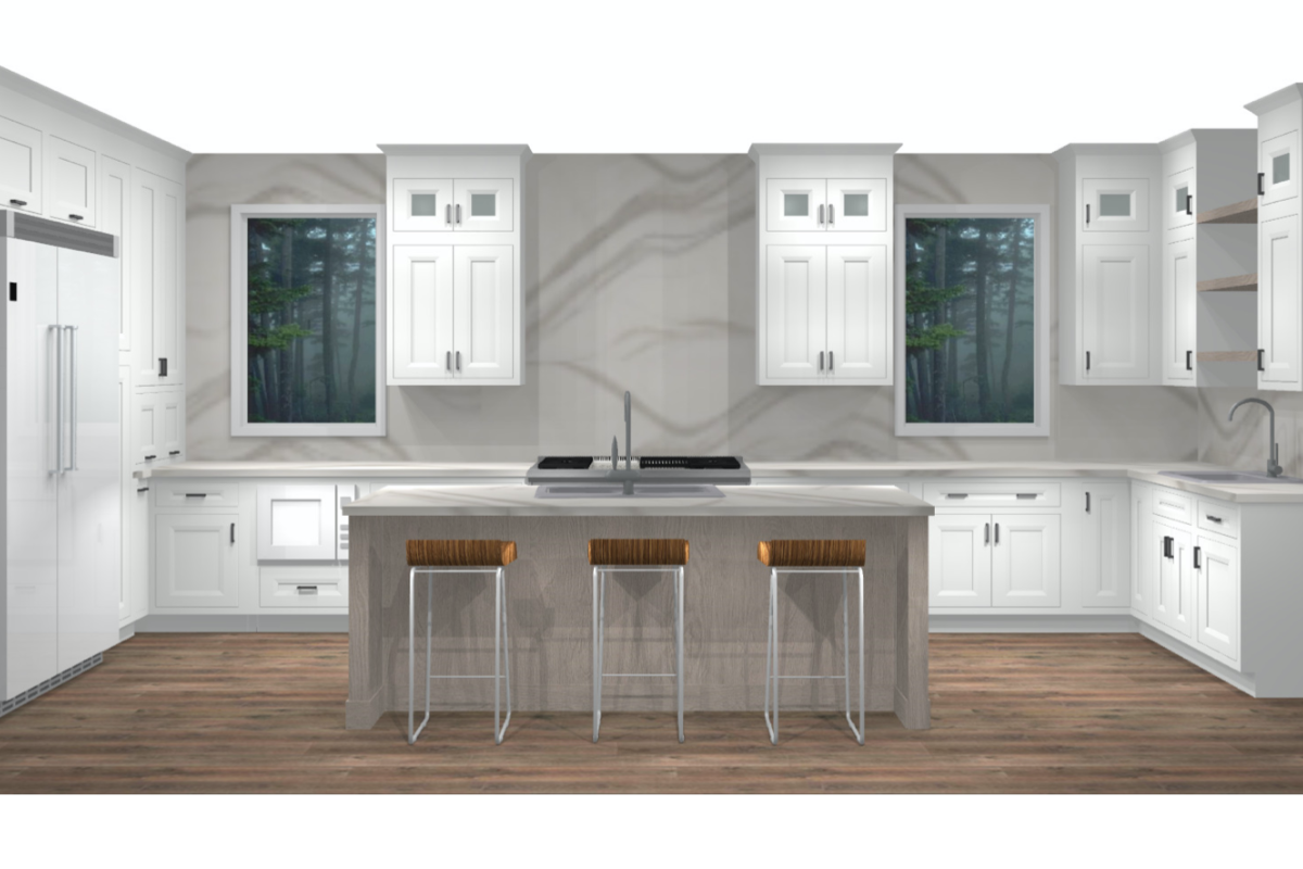 CliqStudios Design Packet Rendering of stacked white shaker inset kitchen design with a gray stained kitchen island