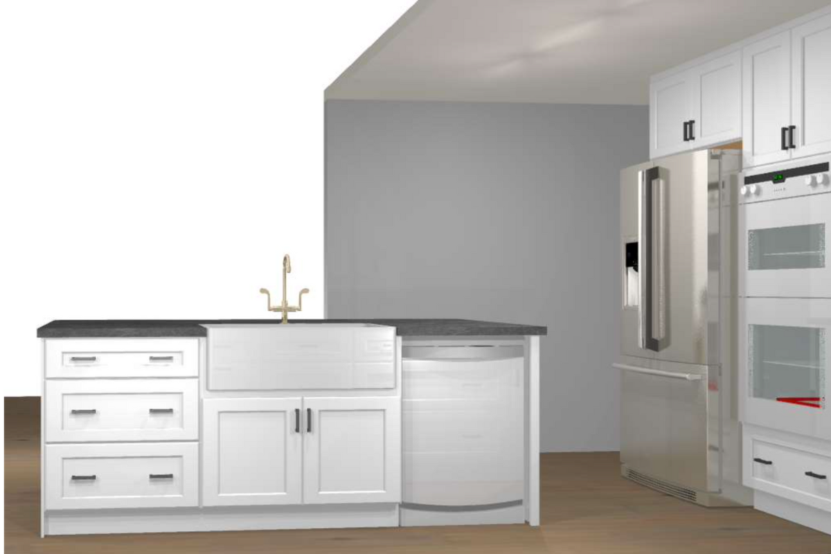 CliqStudios Design Packet Rendering with an L-shaped white shaker farmhouse kitchen design and large island