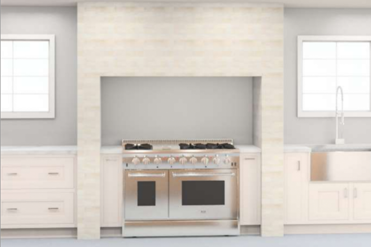 Design packet rendering of the kitchen's range wall with built-in stone alcove in Mediterranean style with white inset cabinets