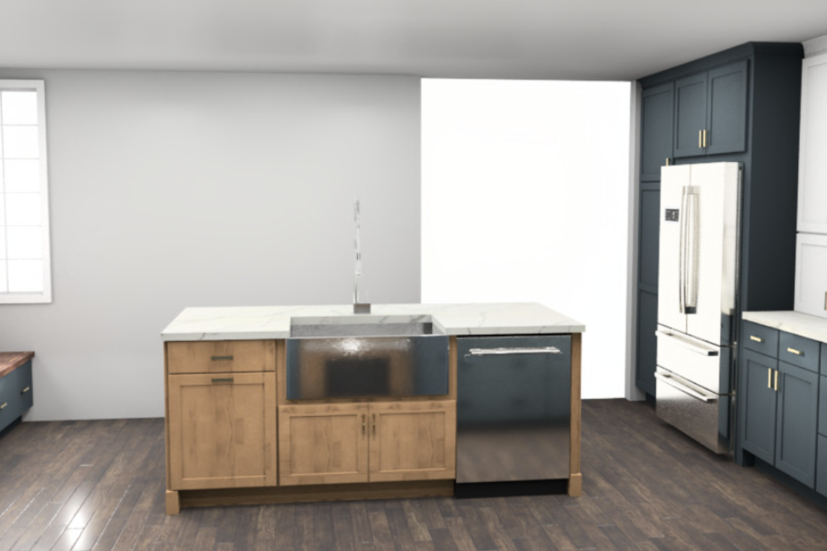 White and navy shaker kitchen design with wood-toned island in Farmhouse style
