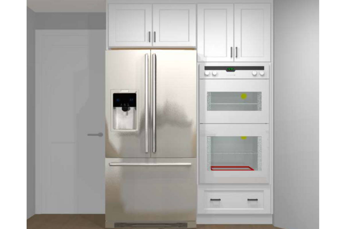 CliqStudios Design Packet Rendering with an L-shaped white shaker farmhouse kitchen design and large island